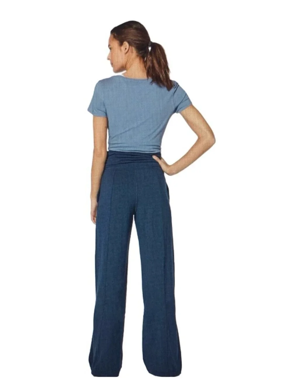 Lululemon Take It Easy Pants Womens Blue High Rise Ruched Waist Band Yoga Sz 4